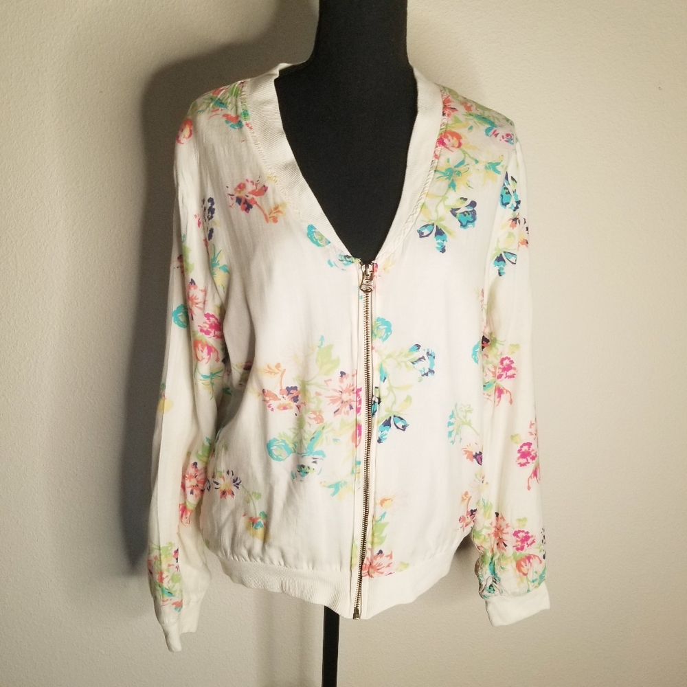 O'Neill Zip Bomber Jacket WhitevPastel Floral Lined Knit Cuffs Hem Festival L